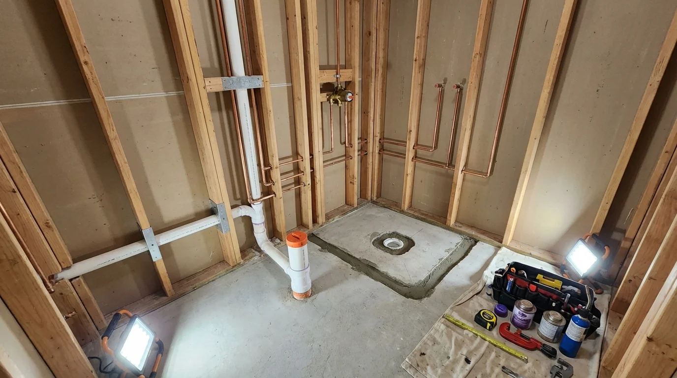 Bathroom rough-in plumbing during remodel by Johns Plumbing LLC in Garrison