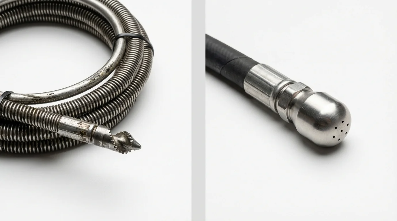 Drain snake cable and hydro jetting nozzle used for drain cleaning in Garrison, ND