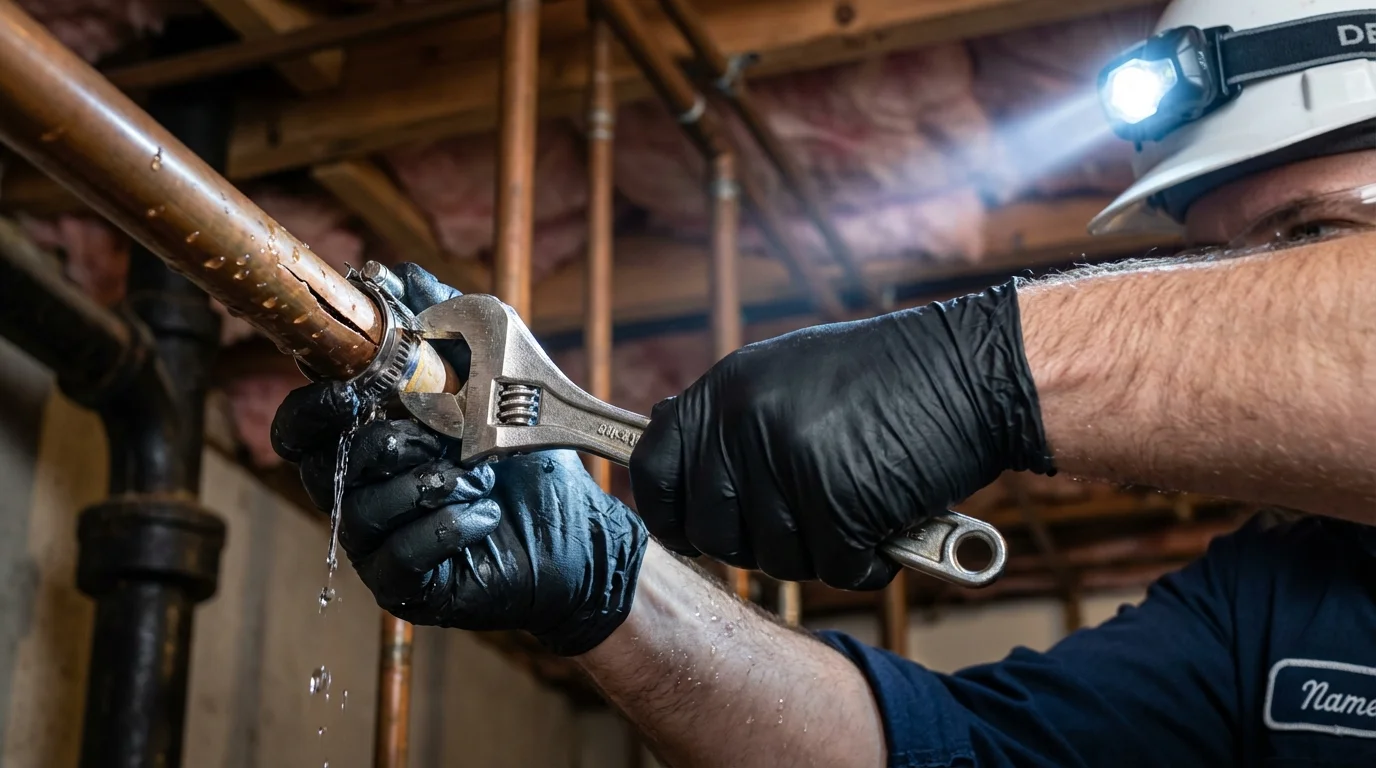 Emergency pipe clamp repair being performed by a Johns Plumbing LLC plumber in Garrison
