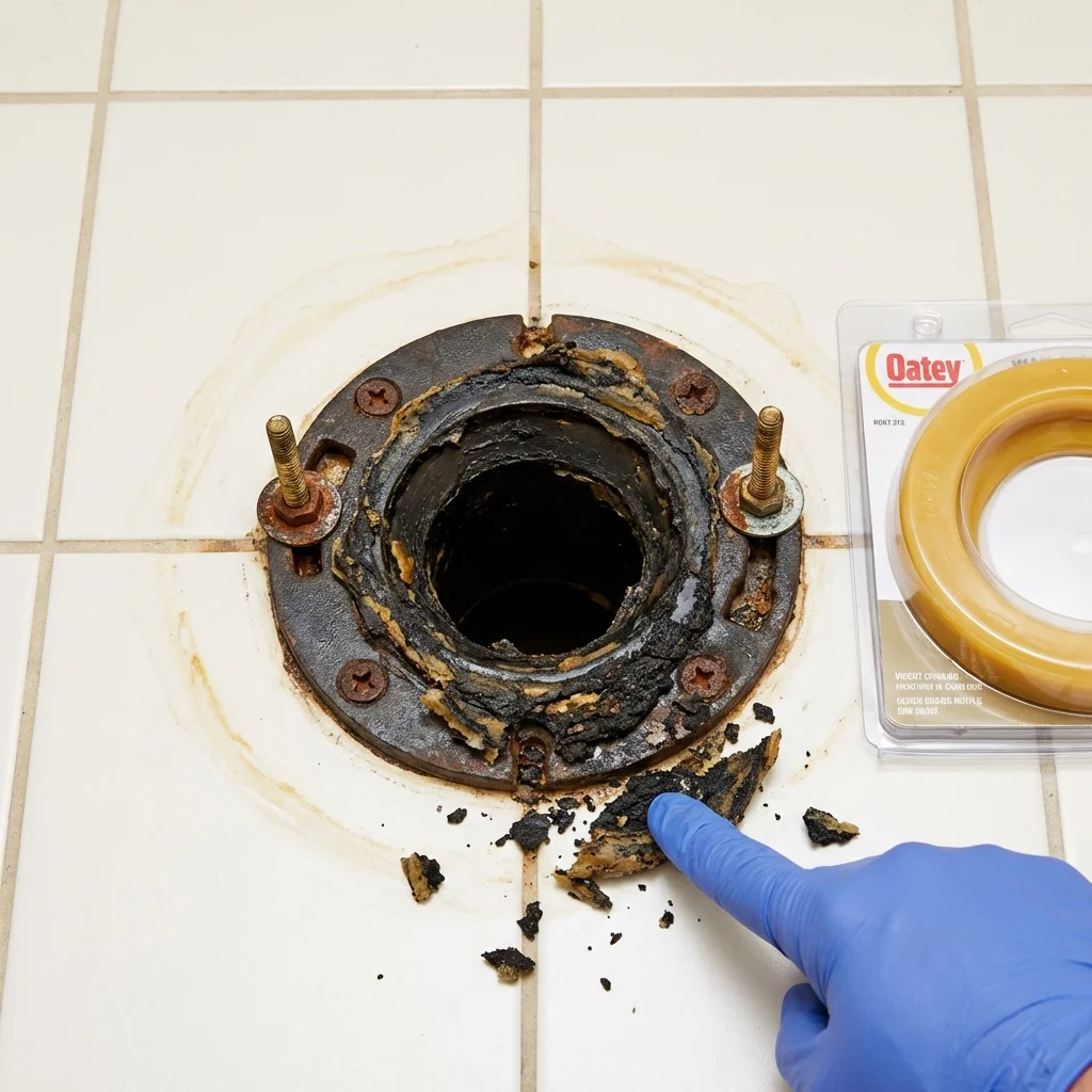 Failed wax ring showing water seepage at the base of a toilet in a Garrison, ND home