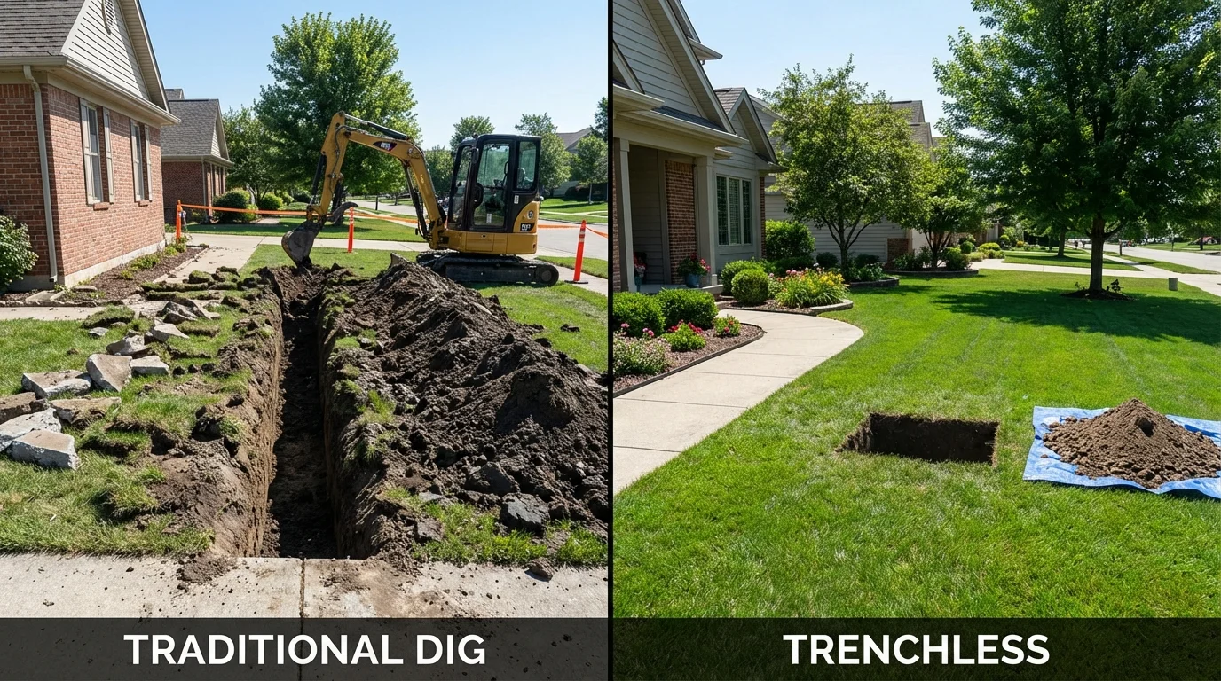 Trenchless sewer repair with minimal yard damage versus traditional excavation in Garrison, ND