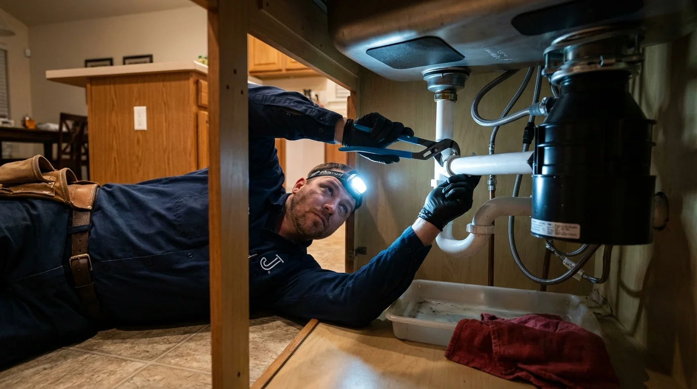 P-trap and supply line connections under a kitchen sink showing a common leak point in Garrison, ND